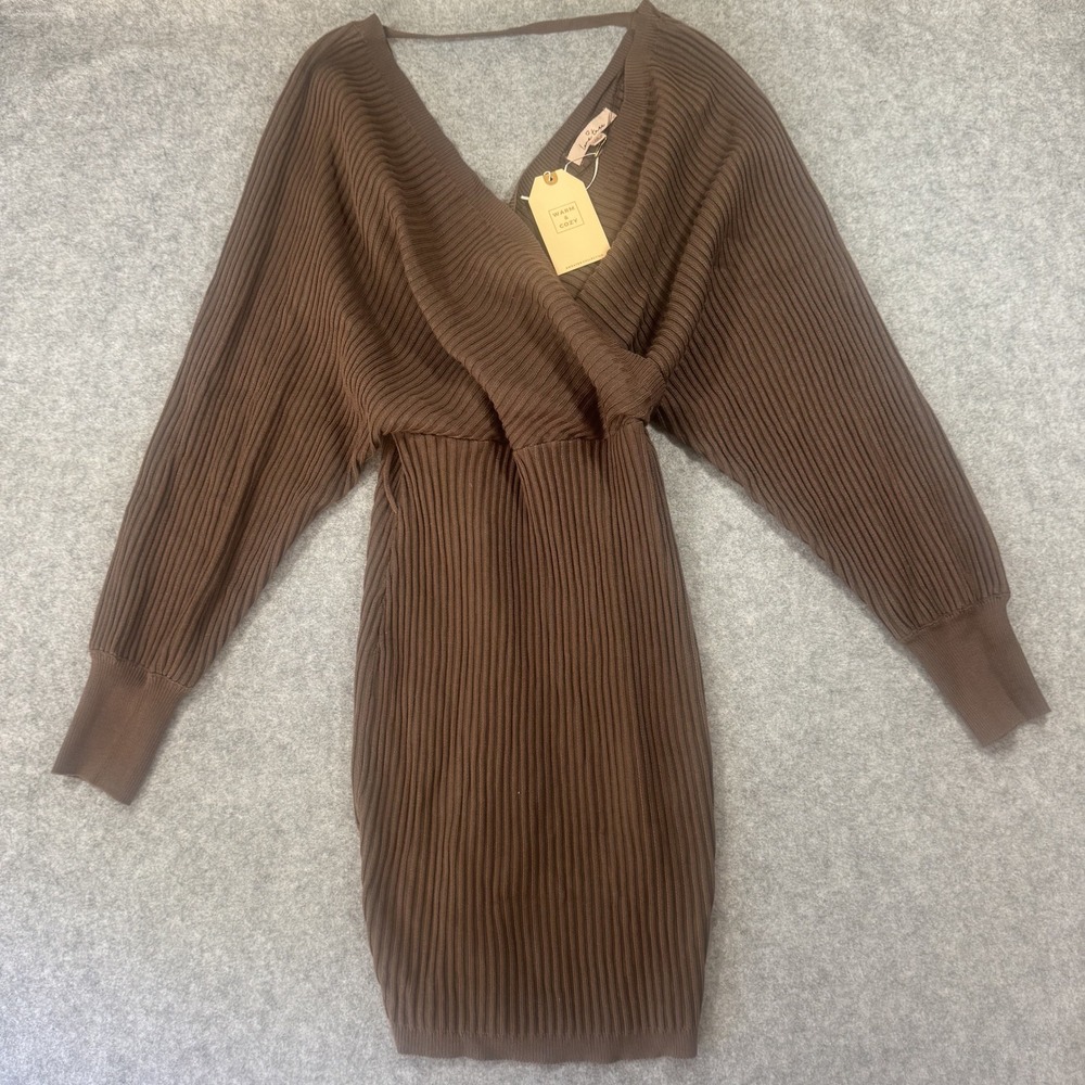 Love‎ Tree Surplice Ribbed Knit Sweater Dress Medium Brown Dolman Sleeve NWT